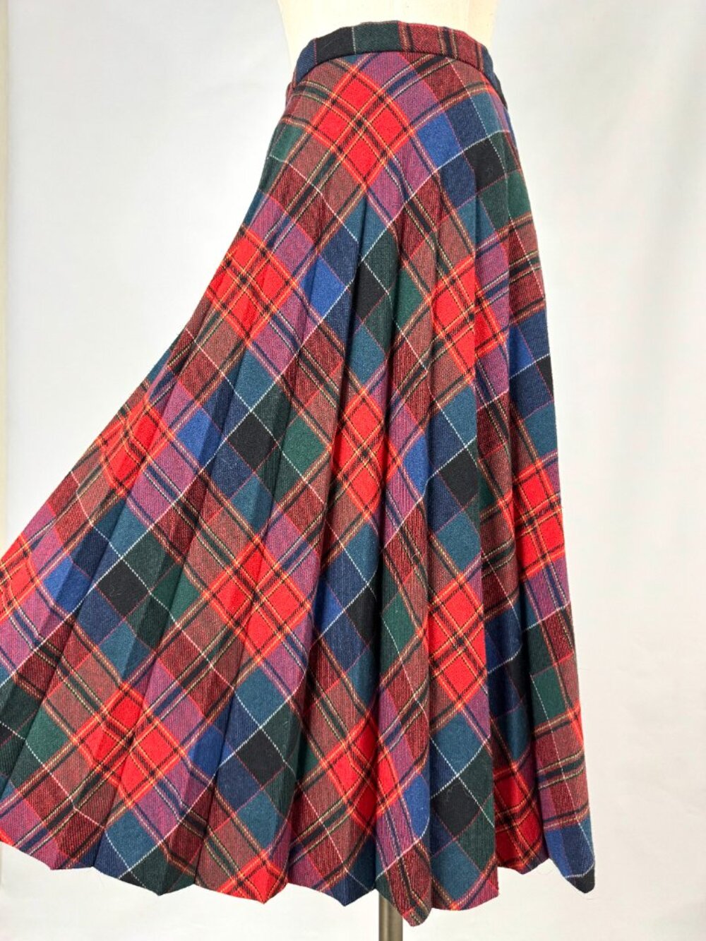 Vtg 80s Plaid Wool Blend Pleated Flannel Midi Skirt Academia Holiday Christmas
